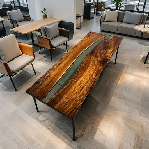 Artistic tabletop featuring natural wood grain blended with dark resin, showcasing flowing patterns and a glossy finish that merges nature with contemporary design.