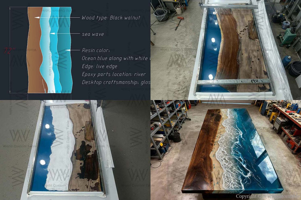 Ocean-themed river table crafted from black walnut with blue resin waves and a seaside-inspired shoreline.