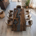 Live edge olive wood resin table with black river design