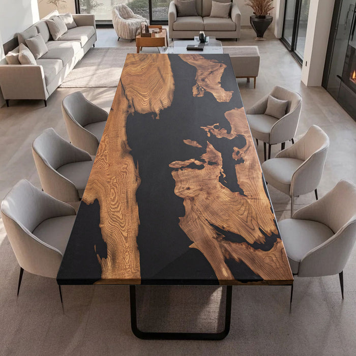 Dining room with a large wooden table and modern chairs in a stylish living room.
