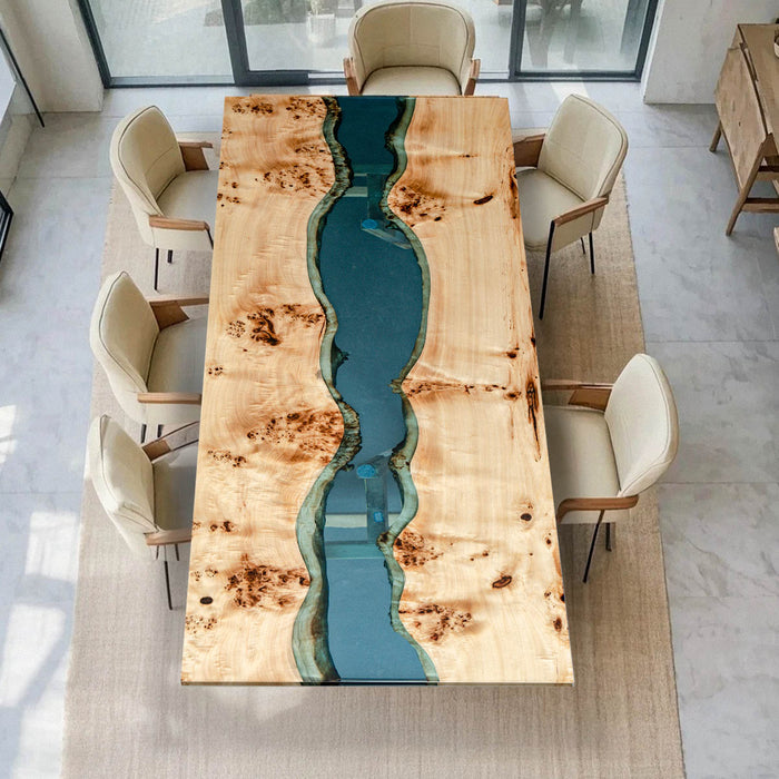 Green epoxy river dining table made from poplar wood