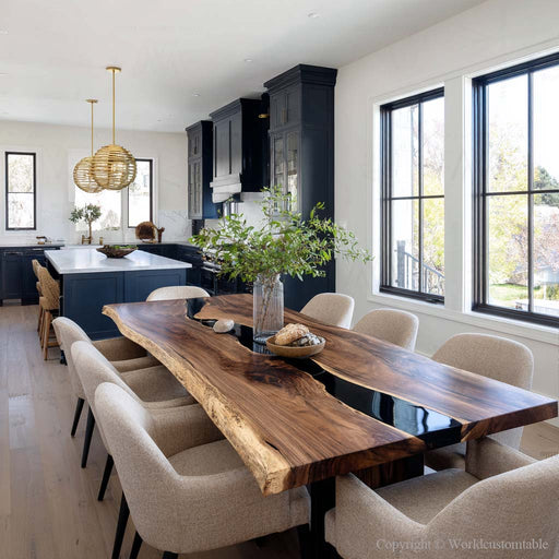Black walnut live edge epoxy river dining table in modern dining room.