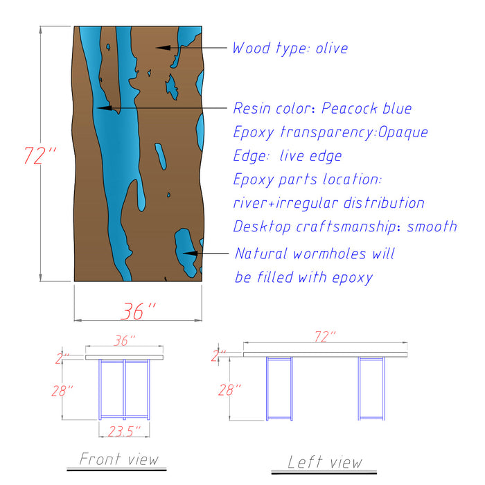 Diagram of a wooden surface with resin overlay, showing dimensions and material details.