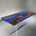 Table with blue resin and wooden design on a gray floor