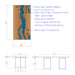 Technical drawing of a wooden desk with resin inlay, showing dimensions and material details.