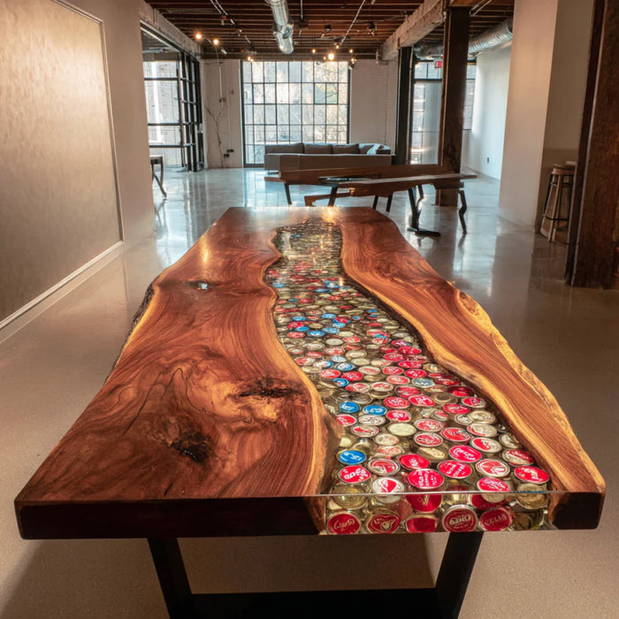 Wooden table with embedded bottle caps in a modern indoor setting