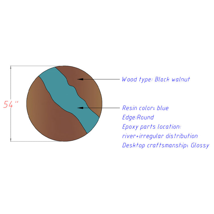 draft drawing of round black walnut wood blue epoxy table for homes in miami