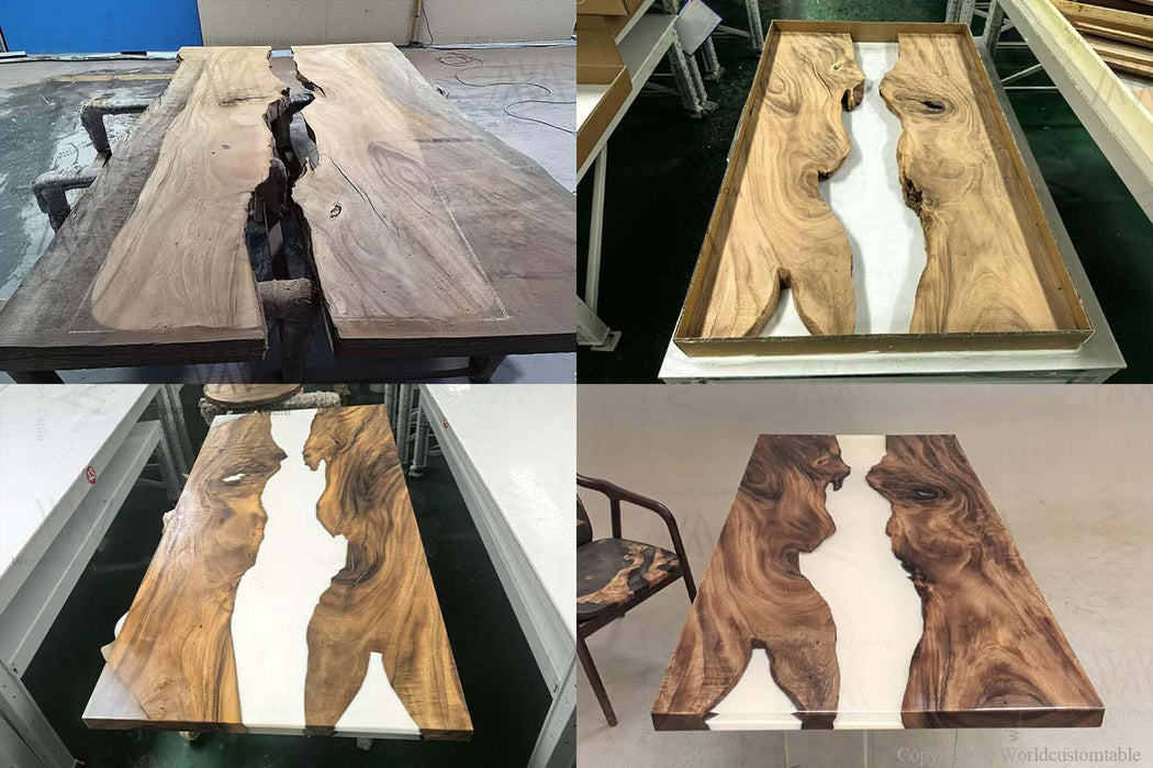 Custom resin river wood dining table and conference table, handmade epoxy resin table with natural solid wood slabs, luxury custom table design for meeting rooms and dining spaces