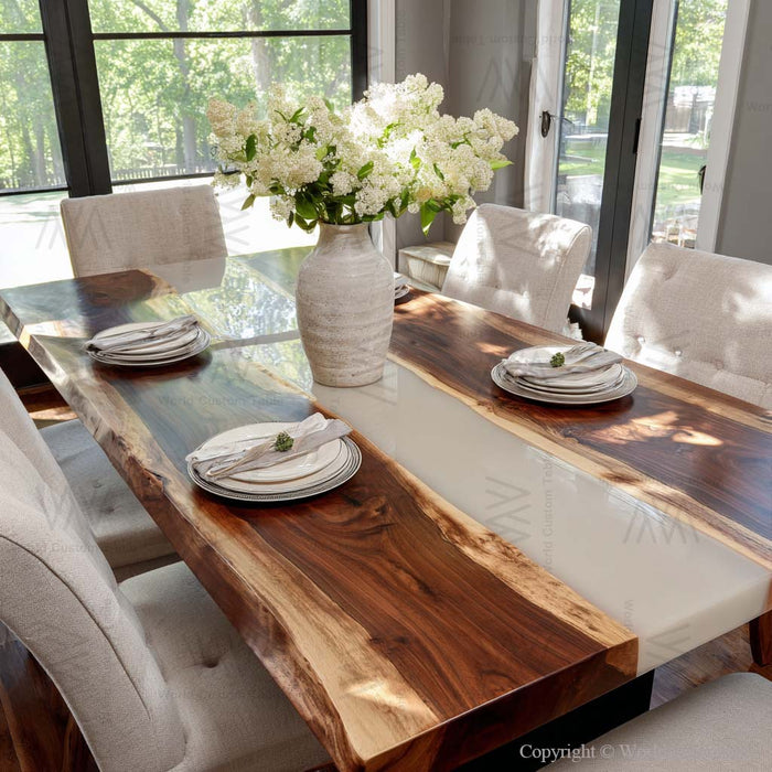Dining room with a wooden table set for a meal, featuring white chairs and a vase of flowers.