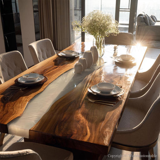 A modern black walnut and white resin dining/meeting table