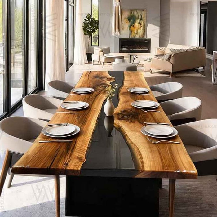 long wooden epoxy resin table for dinning spaces in california