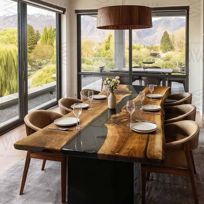 sleek black walnut epoxy resin table for dinning & living spaces in california