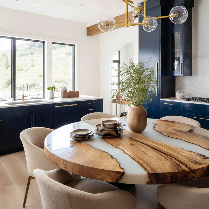 olive wood white epoxy dinning table for american kitchen in florida