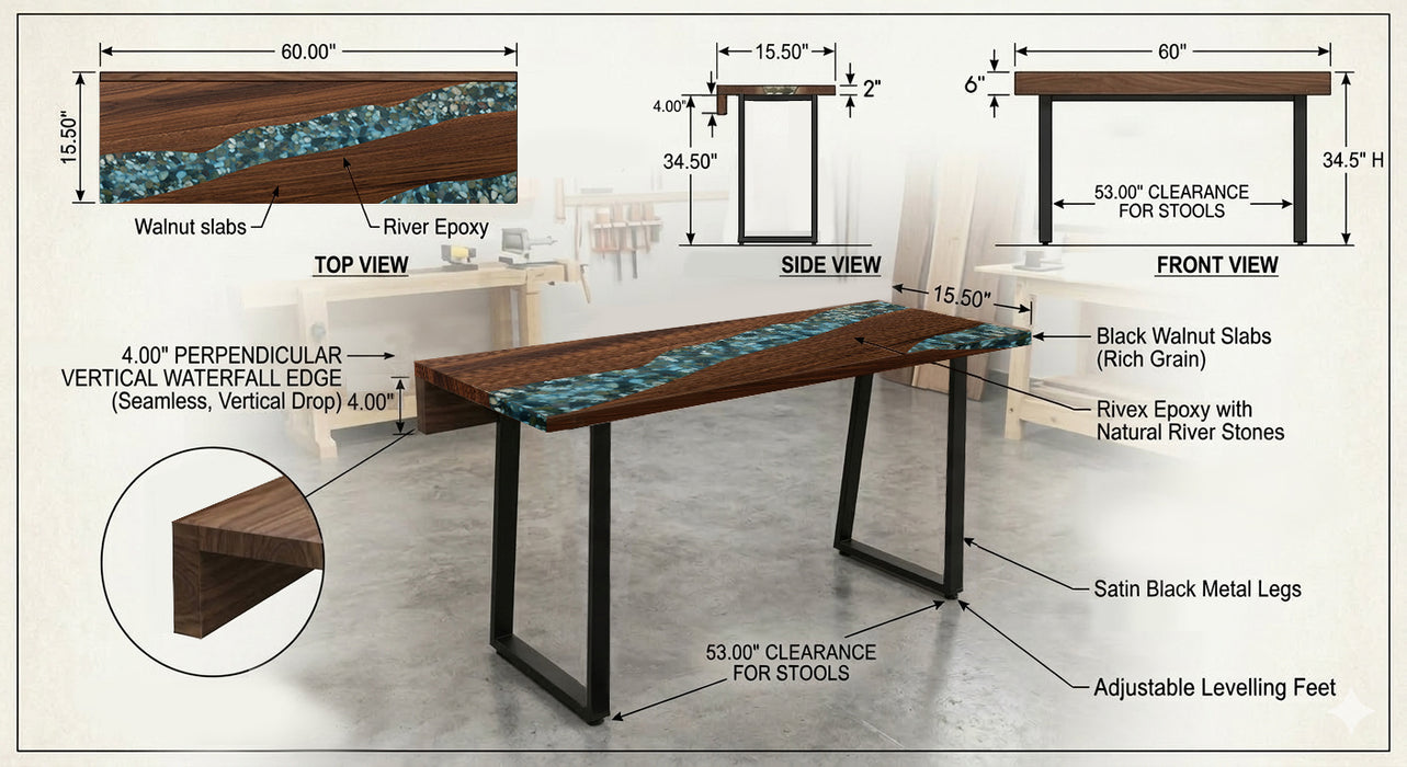 Custom Order for Tiffany - 15.5"W × 58.5"L × 34.5"H Black Walnut Table (With a 4" Waterfall Edge) Based on the attached sketch