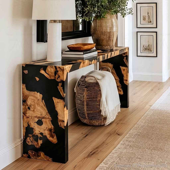 Black burl wood epoxy console table with waterfall edge design for modern entryway decor