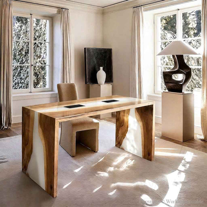 Black walnut epoxy waterfall table desk with white resin design