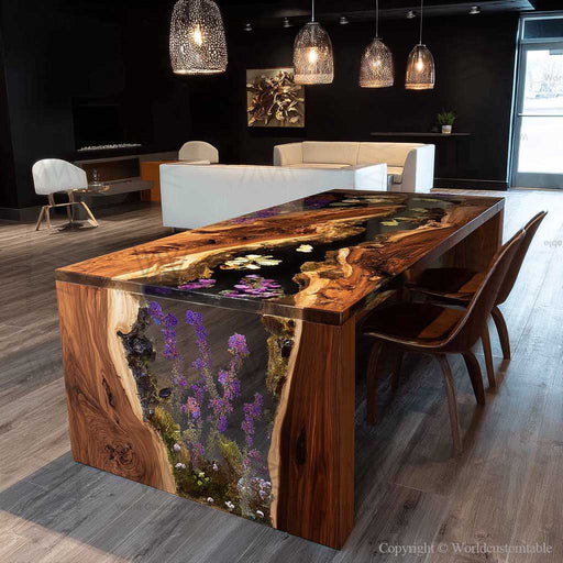 Waterfall resin edges flowing naturally, modern home décor style