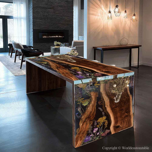 Shows the black walnut wood with transparent resin waterfall tabletop, modern living room art dining table design