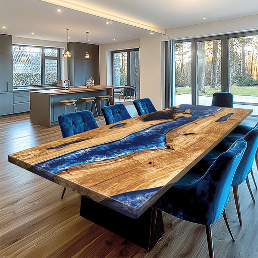 Handcrafted blue epoxy river table made from live edge walnut wood, custom-designed for modern dining spaces.