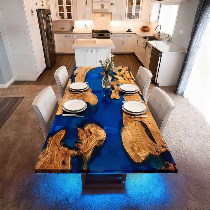 olive wood led epoxy dinning table for cozy homes in colorado