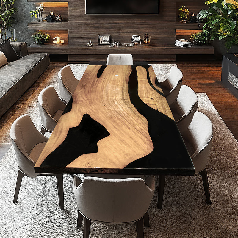 This handcrafted live edge epoxy dining table creates a luxurious and modern centerpiece for any dining or conference room. The epoxy resin river table design highlights the organic wood grain, while the high-gloss epoxy table top ensures durability and elegance. This epoxy wood table is perfect for those seeking a unique and high-end epoxy resin table that blends nature with contemporary craftsmanship. Ideal as an epoxy dining room table or a custom epoxy table.                   