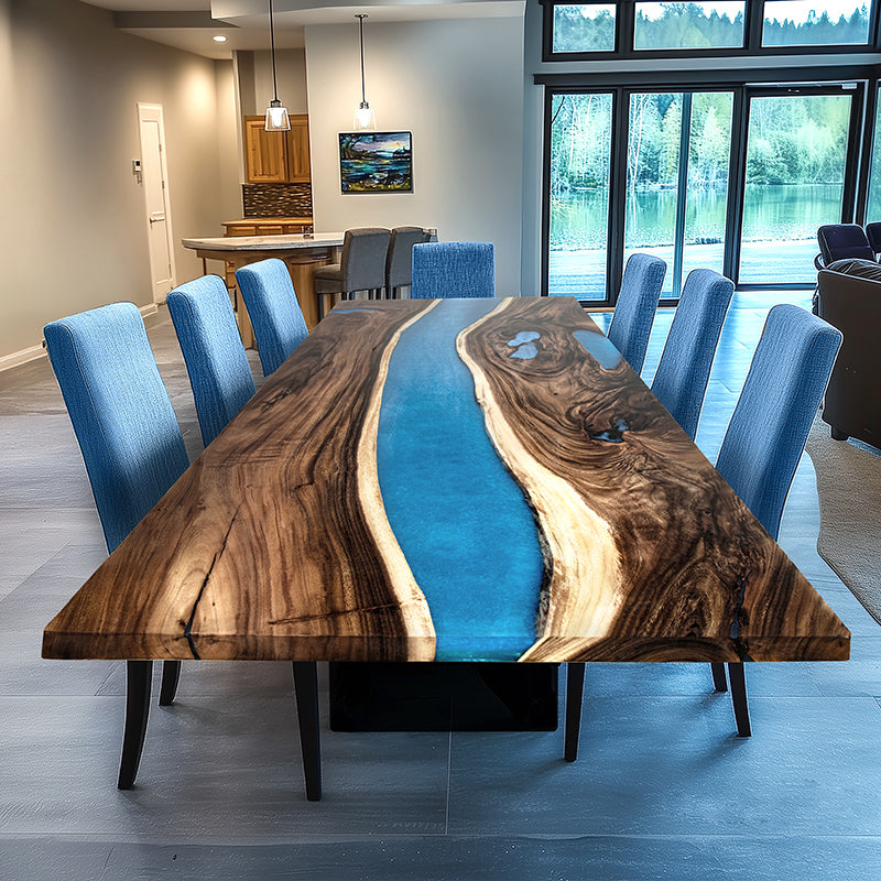 Blue epoxy resin river table featuring a high-gloss finish and natural wood slab, perfect for dining or conference rooms