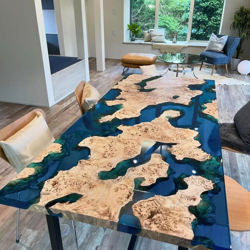 Custom Clear Blue Epoxy Resin Dining Table