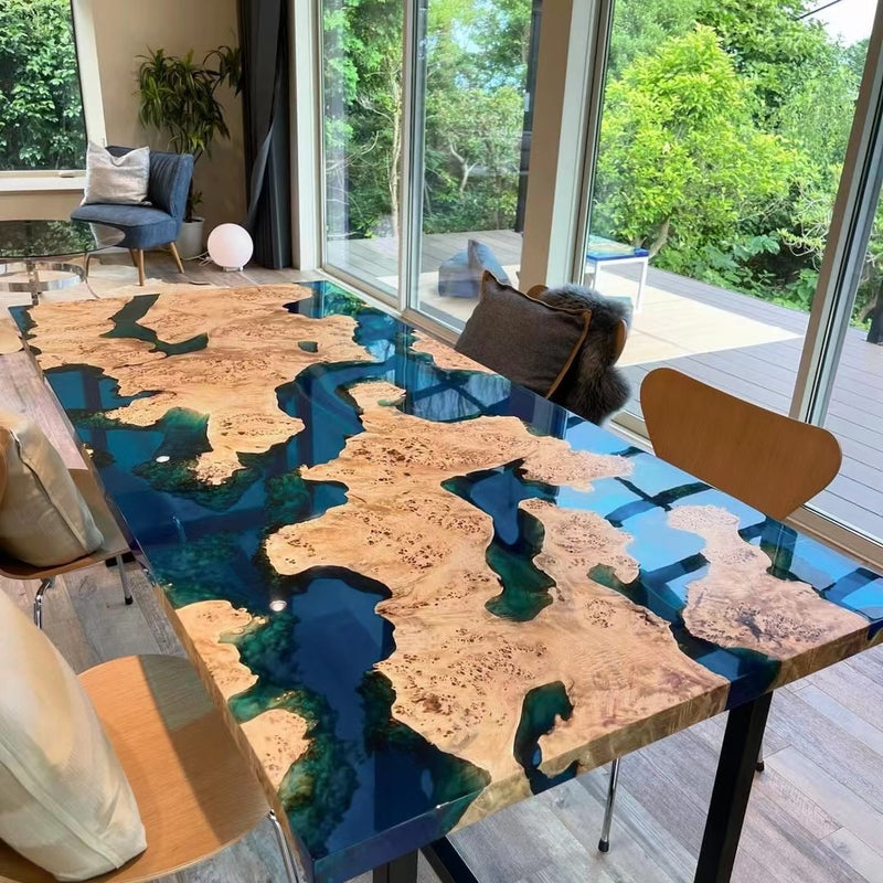 Custom Clear Blue Epoxy Resin Dining Table