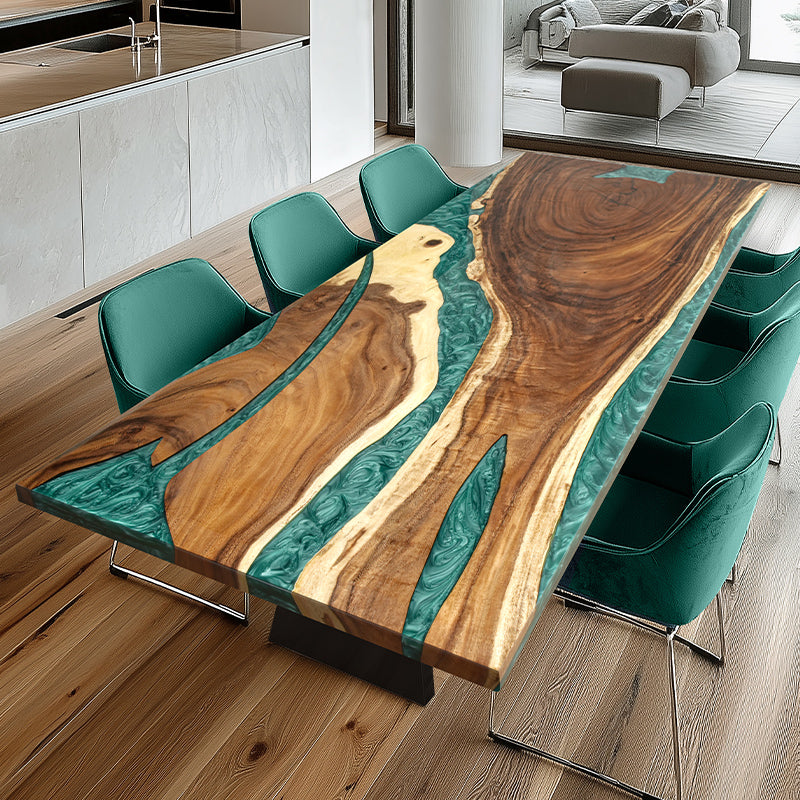 The Custom Green Epoxy Resin River Dining Table is a handcrafted masterpiece featuring agreen epoxy resin river design flowing through a premium natural wood slab. The epoxy resin table top enhances the rich wood tones while providing a high-gloss, long-lasting finish. Ideal as an epoxy resin conference room table or statement dining table, it offers both functionality and artistic appeal. Perfect for modern interiors, this unique epoxy resin wood table brings luxury and craftsmanship into any space. 