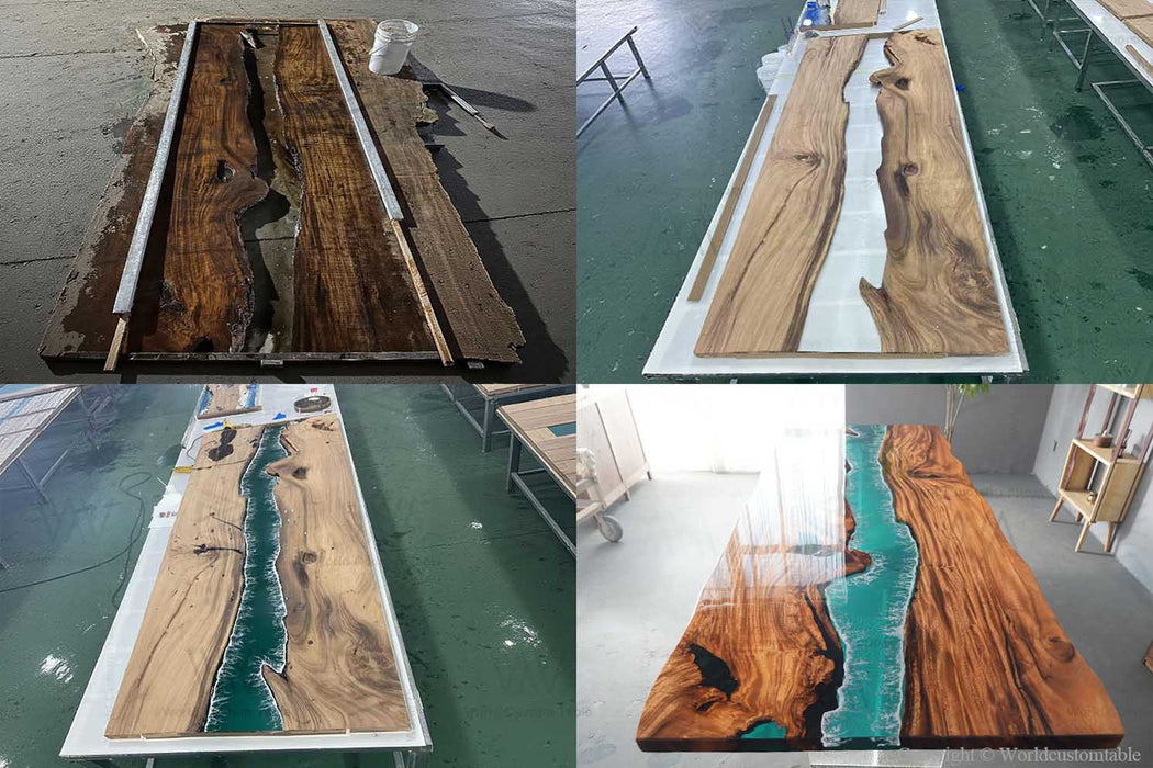 Step-by-step process of a custom walnut epoxy resin river table, featuring live edge walnut wood slabs set in a mold, clear blue epoxy resin poured to create a flowing river effect, and the final polished handmade resin river dining table with natural wood grain and high-gloss finish, designed for luxury custom furniture interiors.