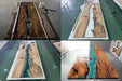 Step-by-step process of a custom walnut epoxy resin river table, featuring live edge walnut wood slabs set in a mold, clear blue epoxy resin poured to create a flowing river effect, and the final polished handmade resin river dining table with natural wood grain and high-gloss finish, designed for luxury custom furniture interiors.