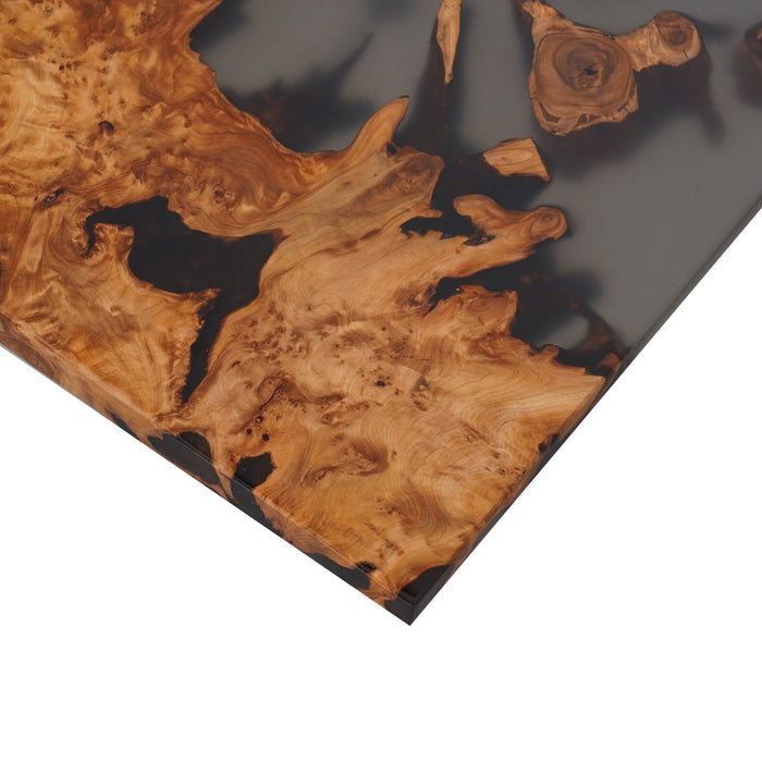 Modern epoxy desk with natural wood slab and resin.