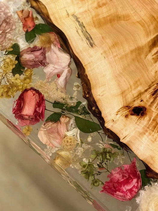 Unique diy epoxy table with flowers.