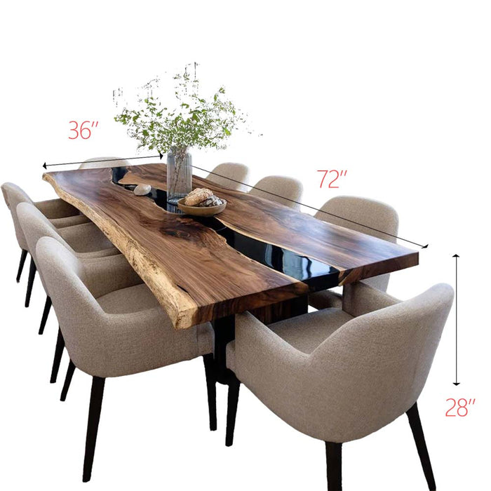 Dining table set with chairs and measurements on a white background
