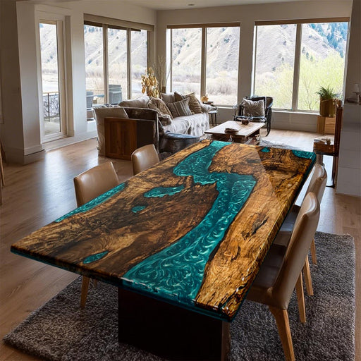 Dining room with a unique wooden table featuring a blue resin river design.