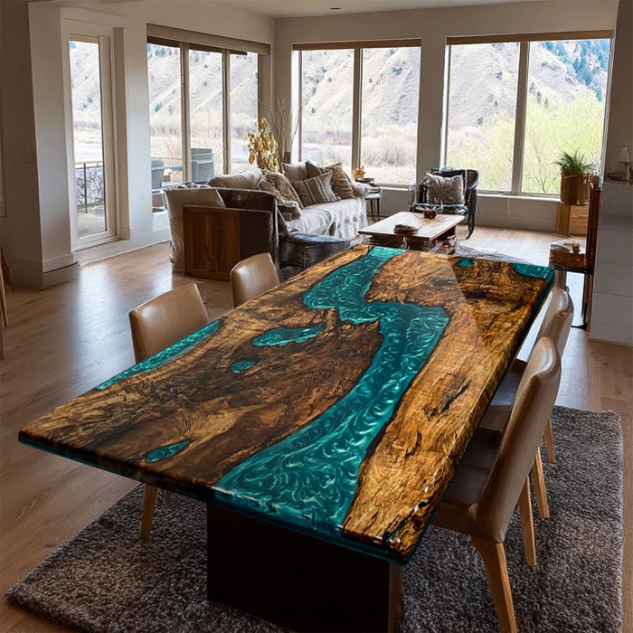 Dining room with a unique wooden table featuring a blue resin river design.