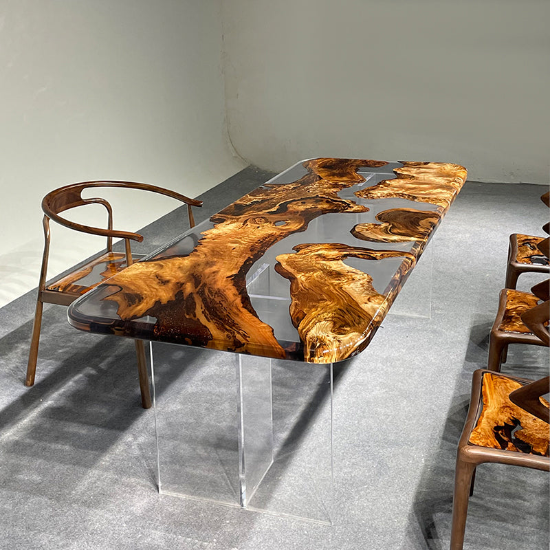 Golden Camphor Transparent Epoxy Table with Round Corner