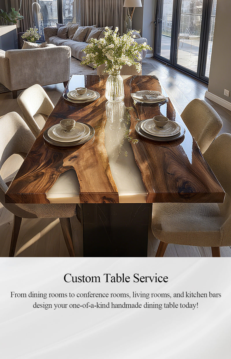 Dining table with chairs in a modern living room setting, featuring a custom table service advertisement.