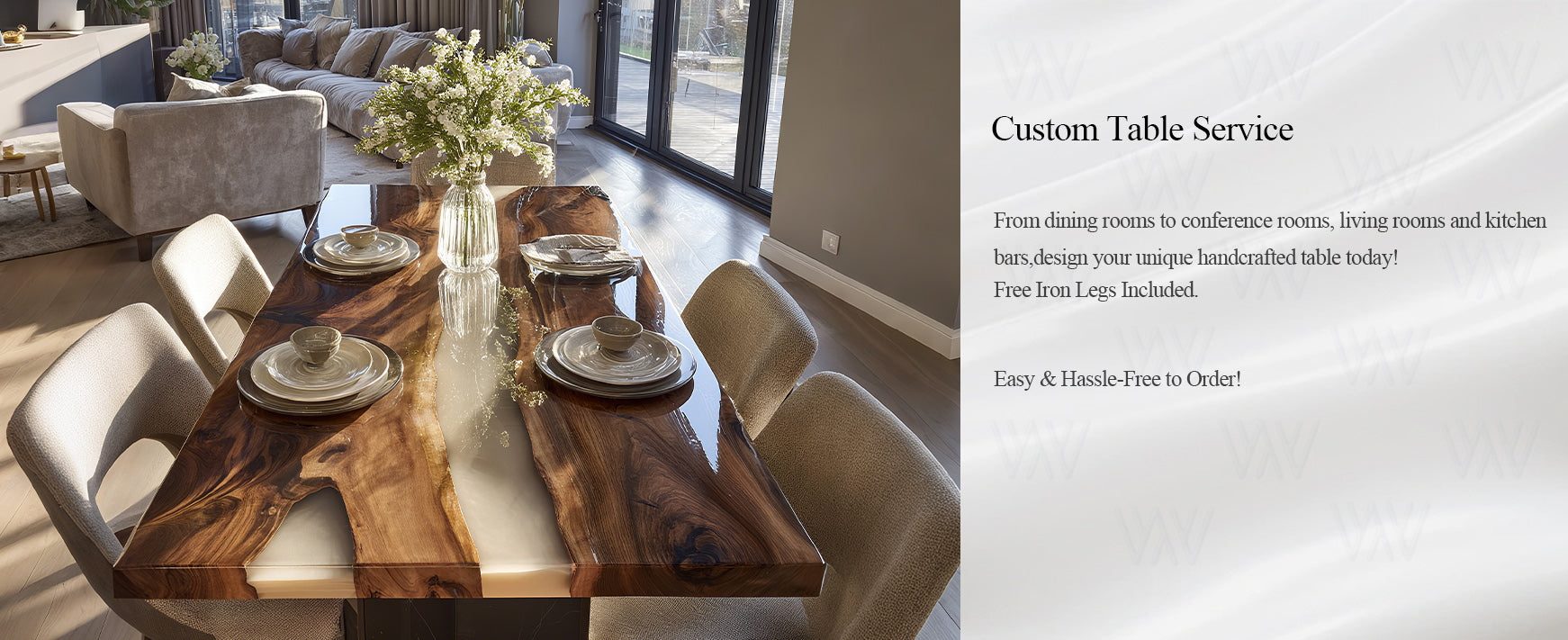 Dining room with a wooden table set for four, chairs, and a vase of flowers. Text on the right about custom table service.