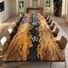 The rich golden grain and organic live edge details are enhanced by the bold black resin river. Finished with a glossy surface, this live edge epoxy dining table adds a striking presence to modern luxury interiors.