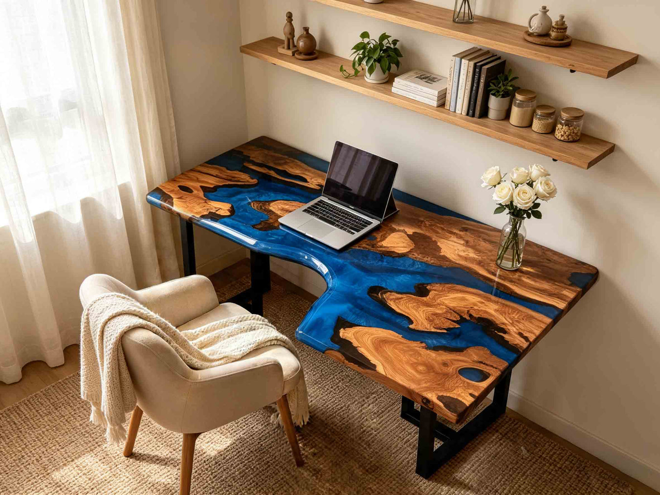Luxury L-shaped olive wood blue epoxy resin desk for modern home office and study room