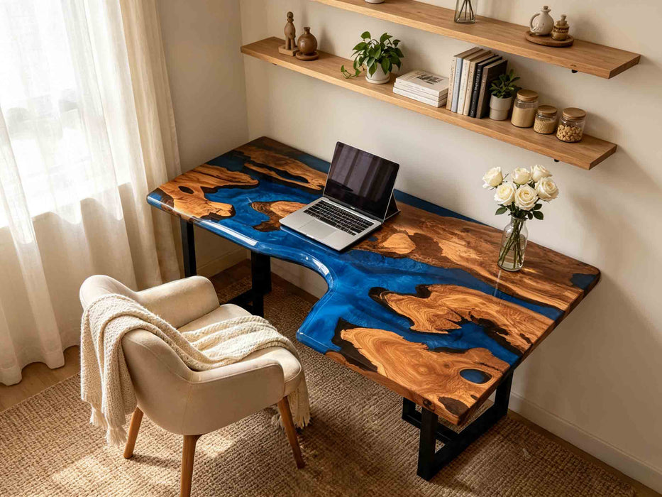 Luxury L-shaped olive wood blue epoxy resin desk for modern home office and study room