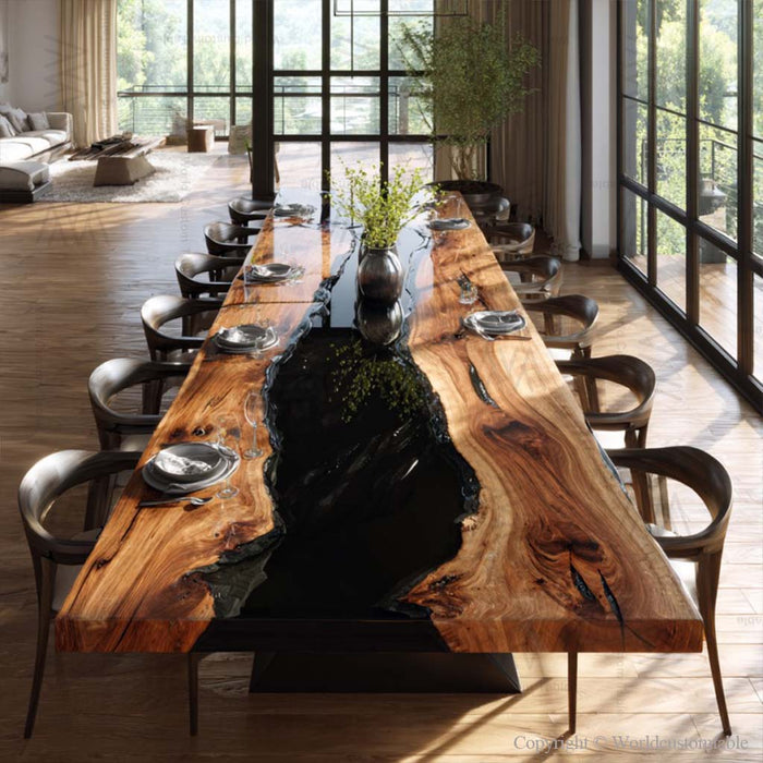 extra large wooden black epoxy dinning table for family gatherings in texas