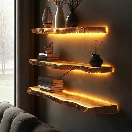 Wooden shelves with LED lighting on a wall, decorated with books and vases.