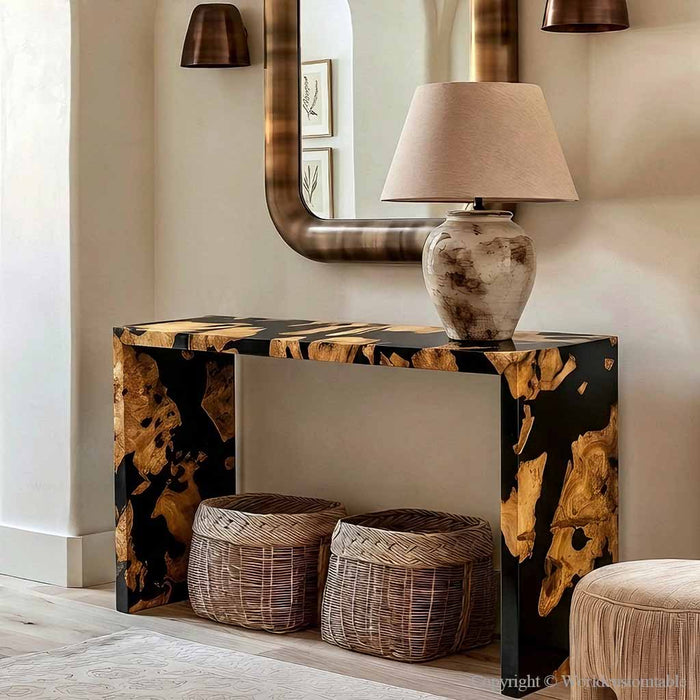 Luxury epoxy console table featuring natural burl wood and black resin finish in a stylish foyer