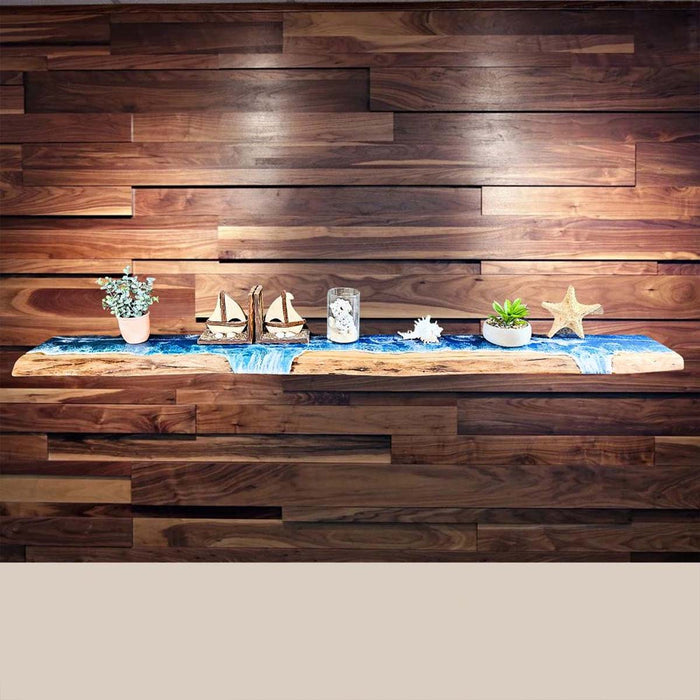 Decorative setup on a wooden shelf against a wooden wall