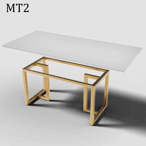 Modern table with a gold frame and white surface on a gray background