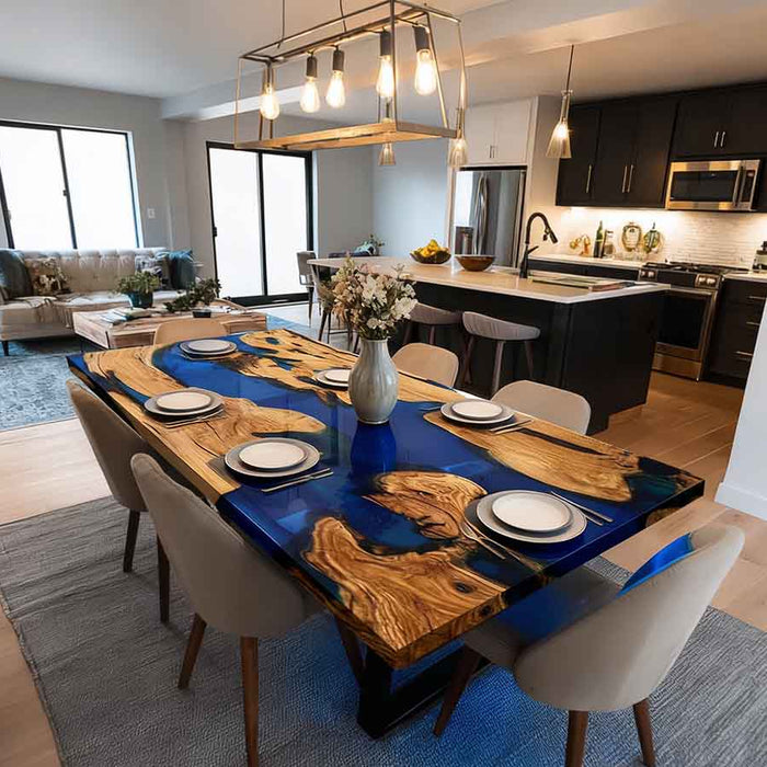 Dining table with blue and wood design in a modern kitchen and living room.