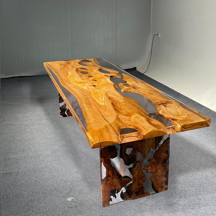 handcrafted olive wood clear epoxy tabe for homes & outdoors in texas