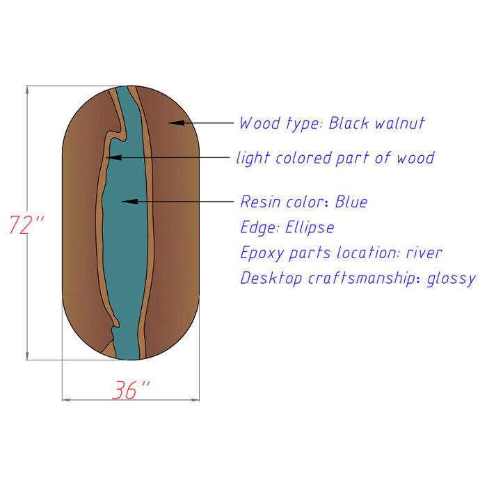 drawing draft of black walnut wood blue epoxy resin river table for modern homes in miami